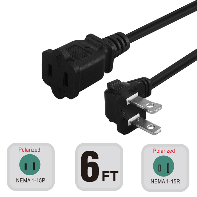 6FT(1.8M) Right Angled Polarized US 2-Prong Male-Female Extension Power Cord Cable, 2 Outlet Extension Cable Cord US AC 2-Prong Male/Female Power cable10A/125V,Nema 1-15P to 1-15R Cable Polarity  PC-0